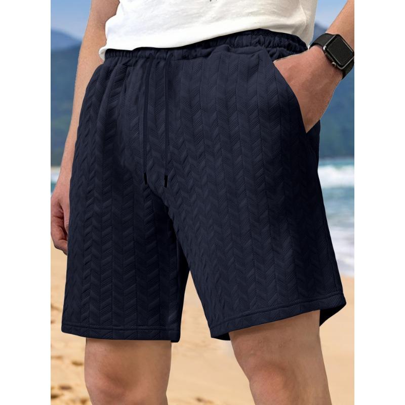 Summer Loose Solid Color Shorts Jacquard Fabric Tied Rope Men's Casual Shorts Beach Pants