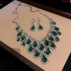 Pre-Owned Floral Geometric Rhinestone Jewelry Set with Clavicle Necklace & Earrings In Turquoise and Pearl Tones