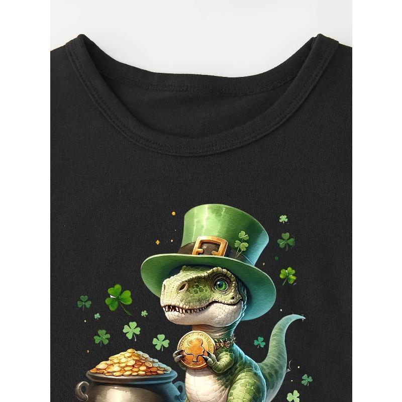 European sizes Children St. Patrick's Day TX60245 Boys' LUCKY SAURS Dinosaur and Coin Print Casual Round Neck T-Shirt