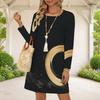 Women Plus Size Long Sleeve Round Neck Abstract Printed Black A Line Midi Dress