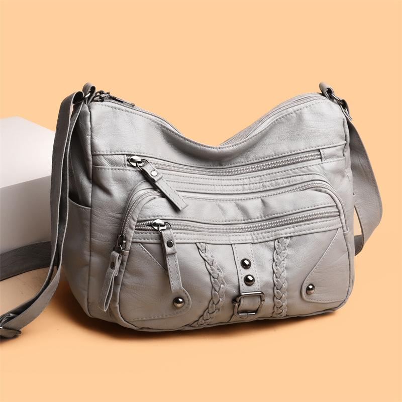

PU Shoulder Bag Women Multi Pocket Crossbody Bag with Braided Detail and Adjustable Strap сірий