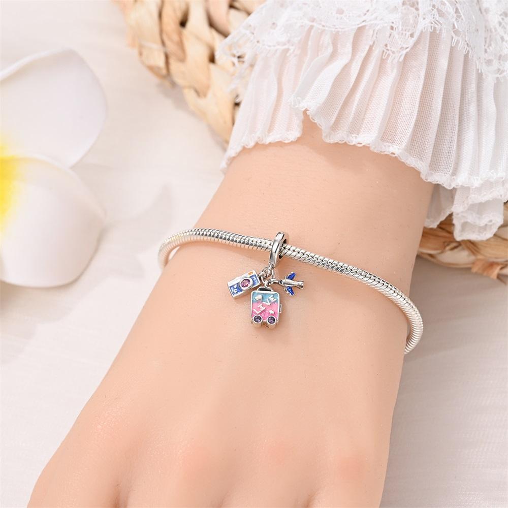 Original Copper Charm Luxury Pink Travel Suitcase Airplane Pendant Bead Fit Bracelet Diy Women Making Delicate Gift