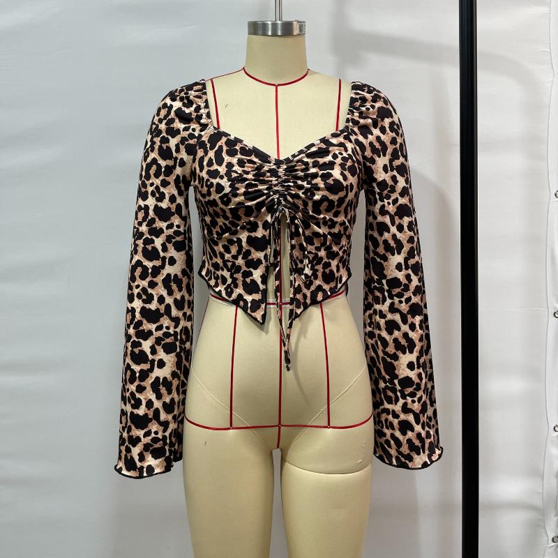 Mode Langarm Slim Fit Leopardenmuster Sexy T-Shirt Frauen Tops Kordelzug Quadratischer Kragen Elegantes Cropped T-Shirt Damen Vintage Casual Tees 25901