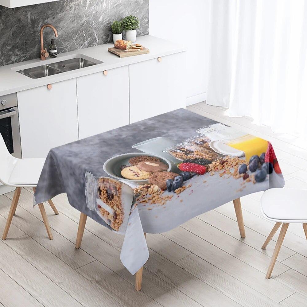 Gourmet Tablecloth Fruit Nut Cake Coffee Print Rectangular  Kitchen Table Decoration Stain Resistant And Waterproof