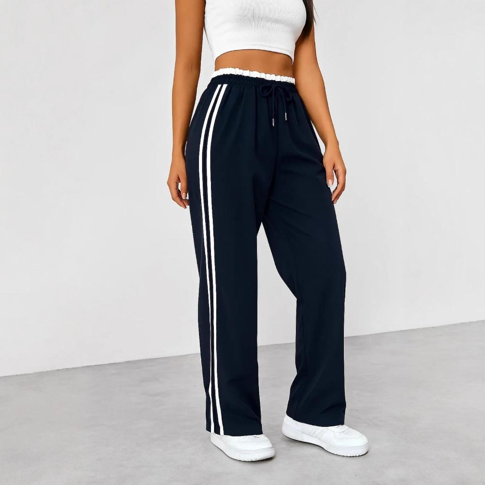 Pantaloni della tuta da donna a gamba larga con coulisse in vita elasticizzata, vestibilità ampia, striscia laterale, pantaloni casual