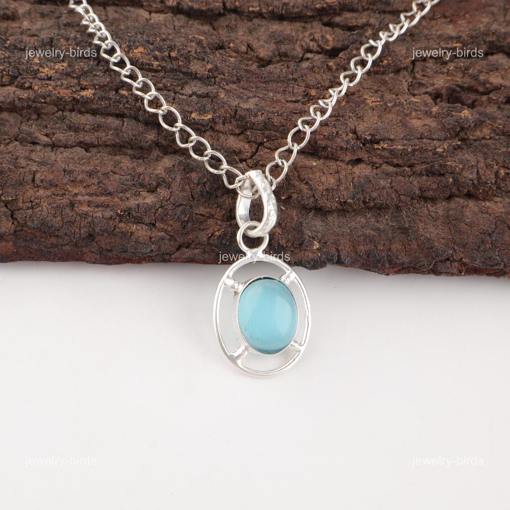 Oval Blue Cat'S Eye Gemstone Sterling Silver Unique Ethnic Boho Pendant Jewelry PP-6-46