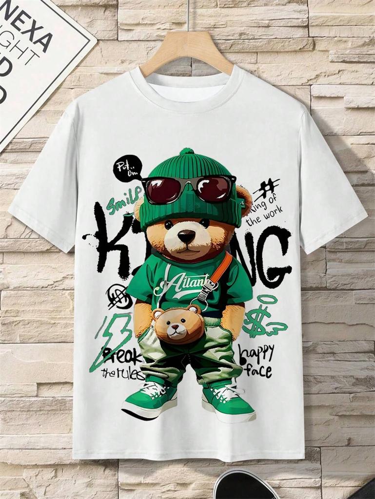 Summer Mens Street Cartoon Teddy Bear Pattern Tshirt Comfortable Casual Outdoor O-Neck Short Sleeve Polyester Fabric Tee Y2K Top
