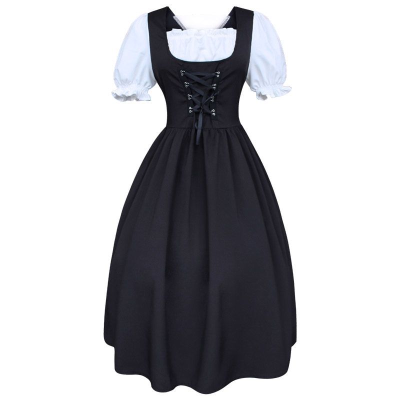 

Medieval Renaissance Women s Drawstring High-Waisted Slim-Fit Bowknot Color-Blocked Performance Dress with Large Flared Skirt Medieval Strappy Skirt S