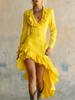 Women's Retro Elegant V-Neck Ruffle Dress - Casual Western Pastoral Style, Solid Color