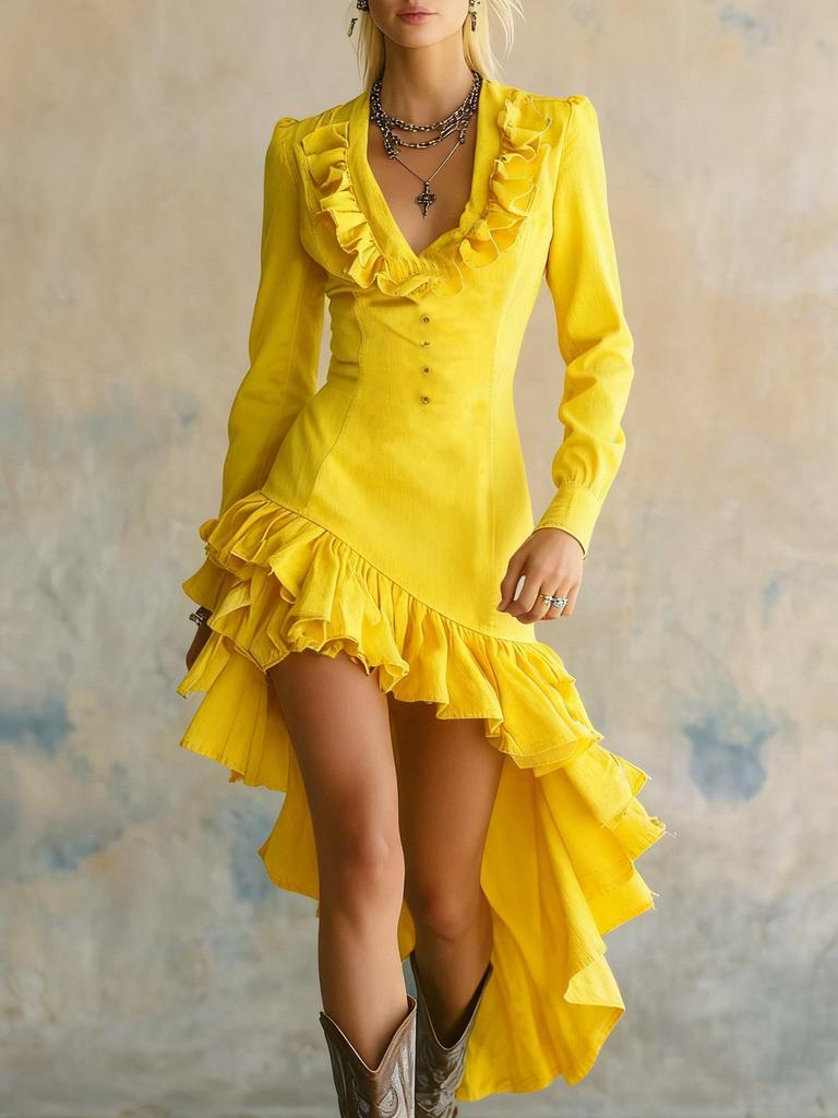Women's Retro Elegant V-Neck Ruffle Dress - Casual Western Pastoral Style, Solid Color