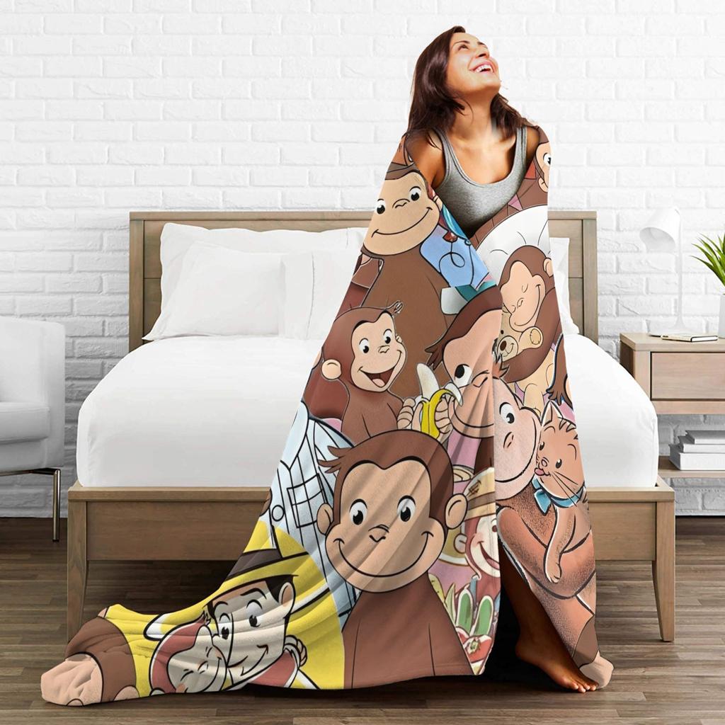 Cartoon Curious George Flannel Blanket  Soft Warm Throw Blanket for Couch Chair Decorative Funny Bedspread Sofa Bed Cover