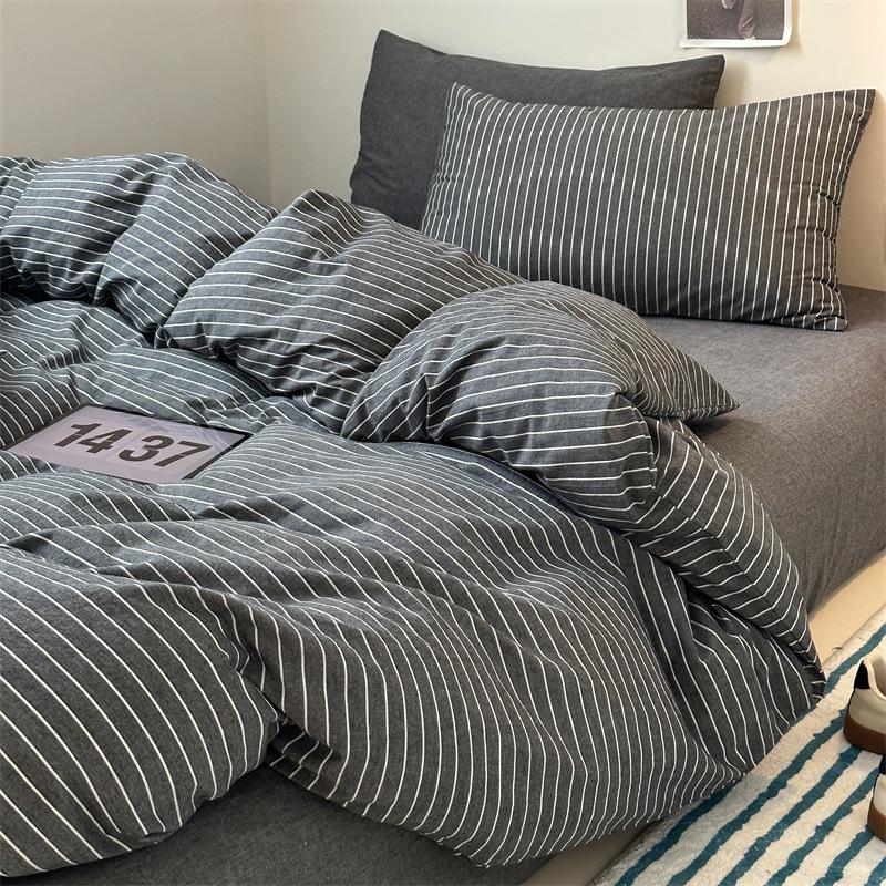 Retro Striped Four-piece Set, Cotton Pure Cotton 100 Washed Cotton Bed Sheet Quilt Cover, Male Student Dormitory Bed Three-piece Set 1