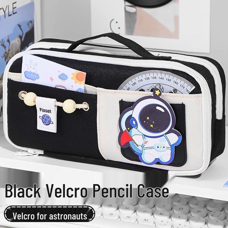 Send Astronaut Velcro! Boys' Black Dirt-Resistant Pencil Case, Hand-Carry, Large Capacity, New 2025 Style.