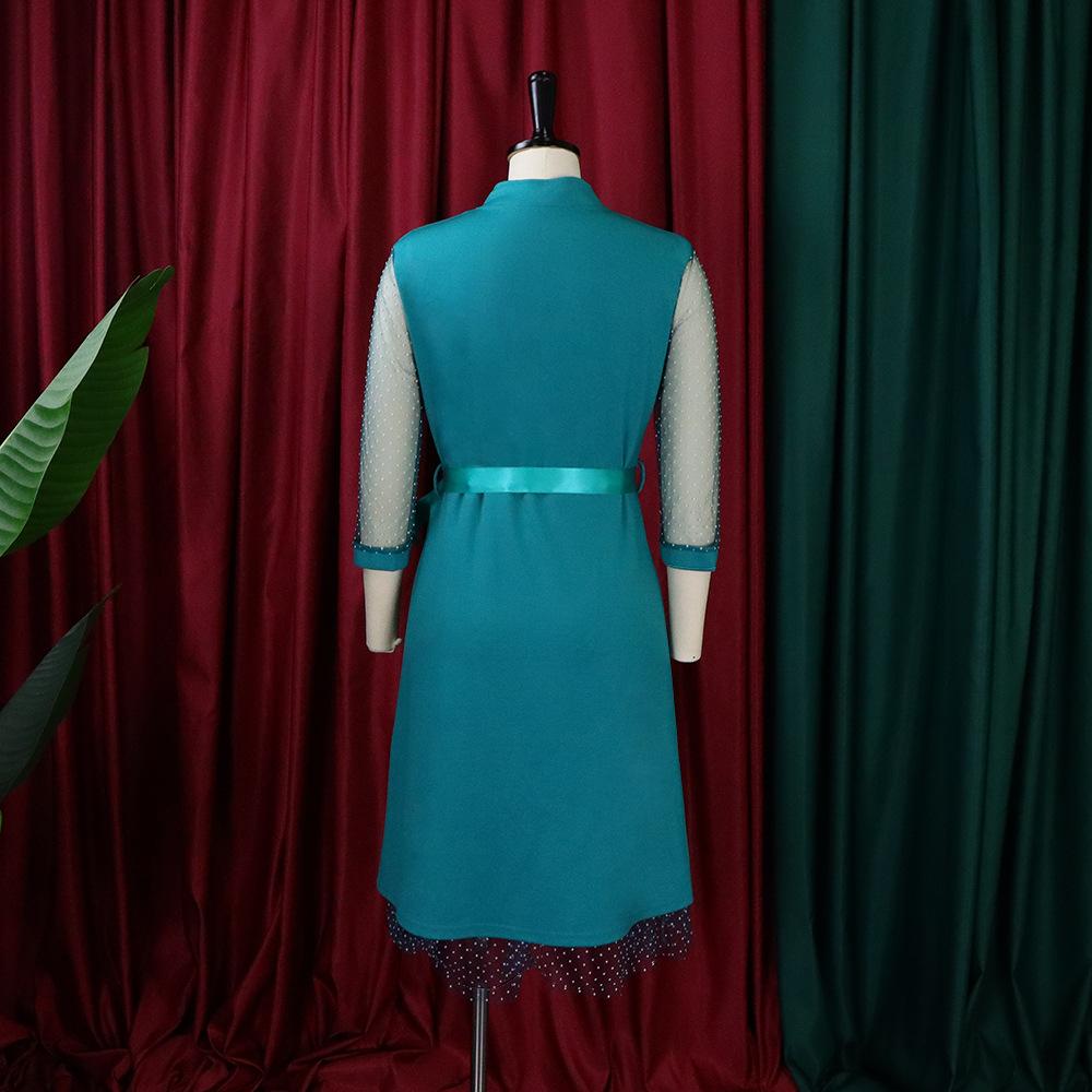 Large Size Women's Fashion Spring Autumn V Neck Mesh Dress Ladies One Piece Polka Dot Slit Dress