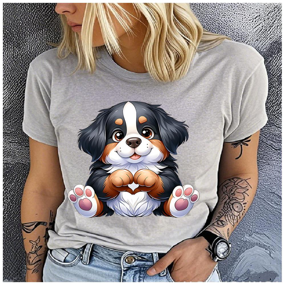 Cotton Cute Bernese Mountain Dog Graphic T Shirt Women Lovely Fluffy Puppy Heart Paws Print Short Sleeve Tee Gift For Dog