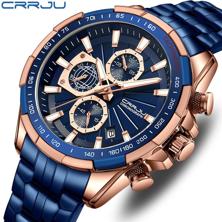 CRRJU New Watch 2305 Men's Watch Solid Stainless Steel with Six-pin Steel Strap Business Watch
