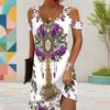 Women Plus Size V Neck Cold Shoulder Short Sleeve White Purple Rose Tree Printed Curved Hem Dress