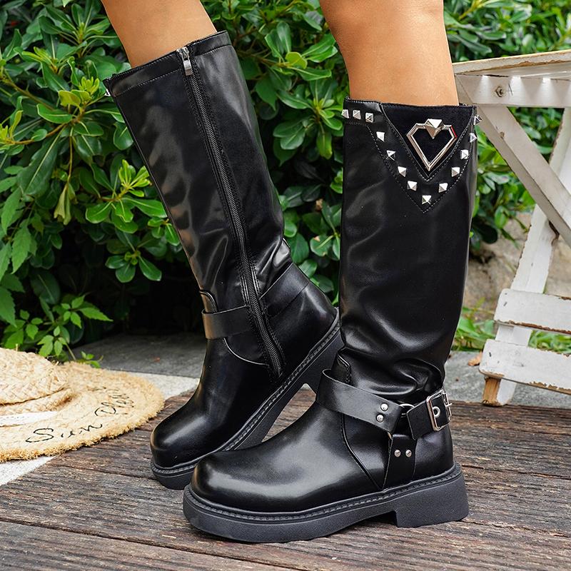Fashion 2025 Winter Fashion Women's Knight Boots British Style Platform Knee High Boots Woman Rivet Decor PU Leather Motorcycle Booties