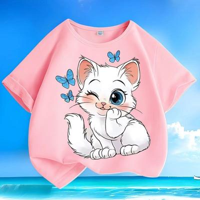 Καλοκαιρινή Χαριτωμένη Γάτα Παιδικό T-shirt Χωρίς Τσαλακώματα Πλενόμενο στο Πλυντήριο Φαρδιά κοντομάνικα Μπλουζάκια T-shirt