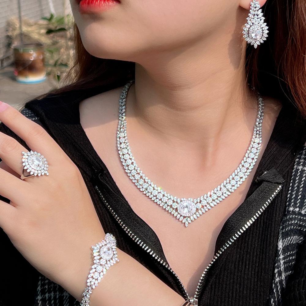 Light Luxury Zircon Full Diamond Necklace Four-Piece Banquet Wedding Bridal Accessories Set Chain Jewelry