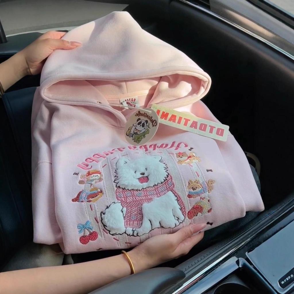 Unisex Niedliches Cartoon Besticktes Rosa Kapuzensweatshirt - Lockere Passform, Mit Plüsch, Herbst/Winter Stil