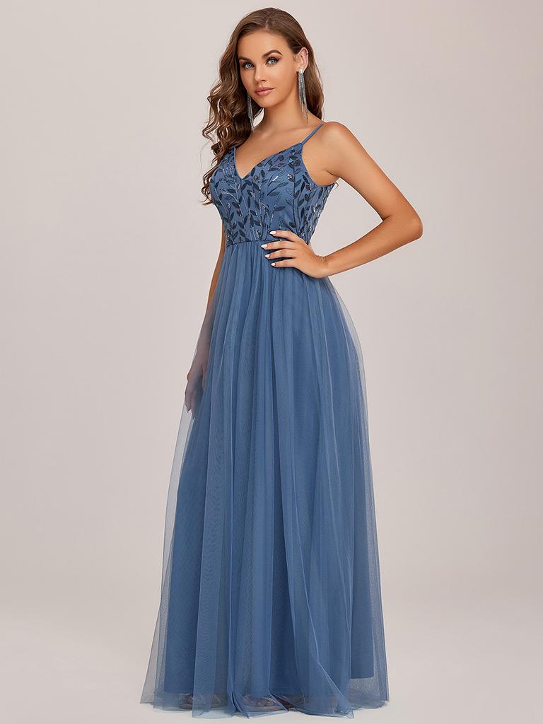 Robe De Soirée Longue Asymétrique Avec Paillettes | Col V | Tulle | Pour Mariage, Bal, Événement
