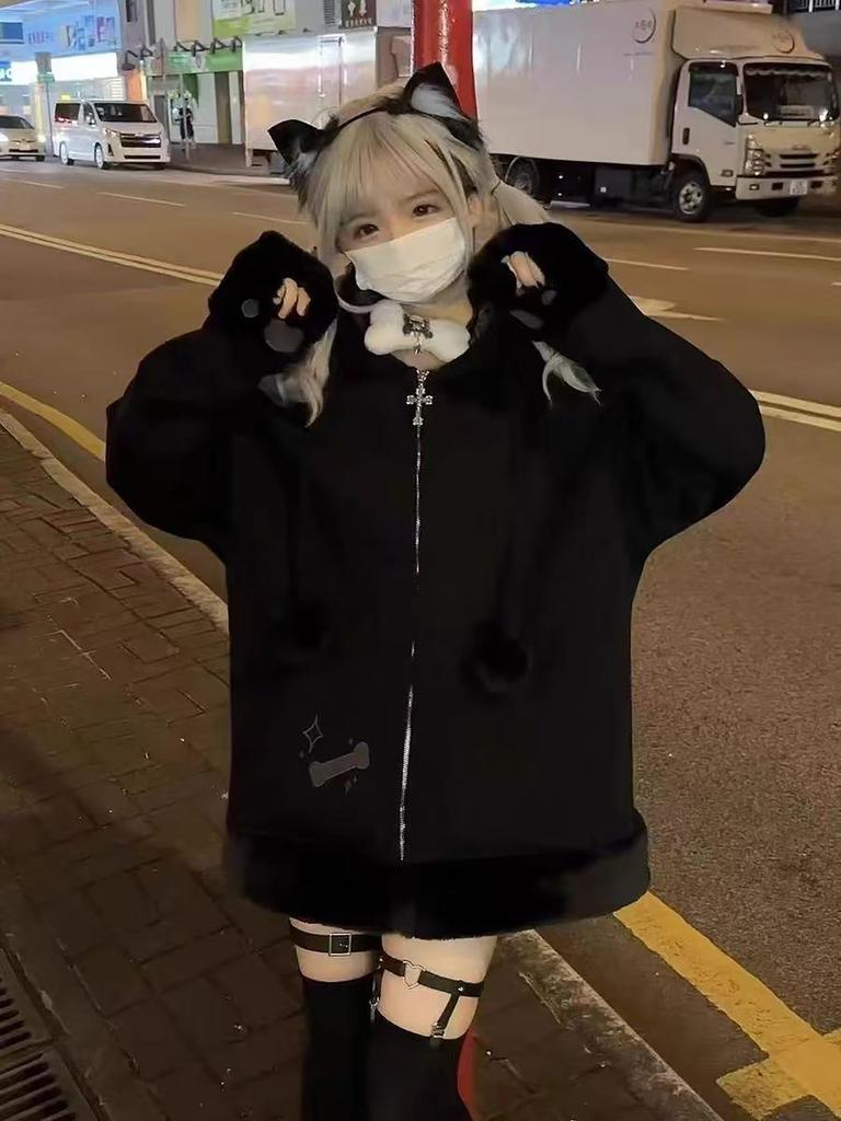 Hoodie with Cat Ears and Subculture Style Sickly Long Y2K with Check Cross [XHSUKADO] Zip-up Claws, Top, Women's Clothing, Cute, Sleeve, Spring,