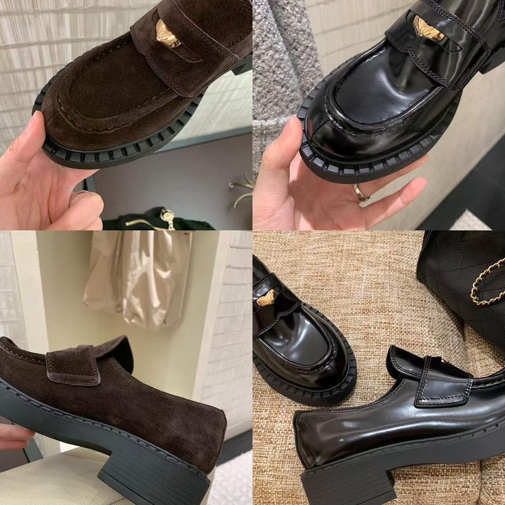 Sheepskin version~ 5cm height increase small gold coin lazy loafers retro thick heel leather extravagant single shoes small leather shoes women