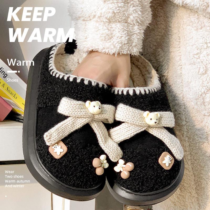 Winter new cotton drag bear bow sweet plush warm home slippers low top plush
