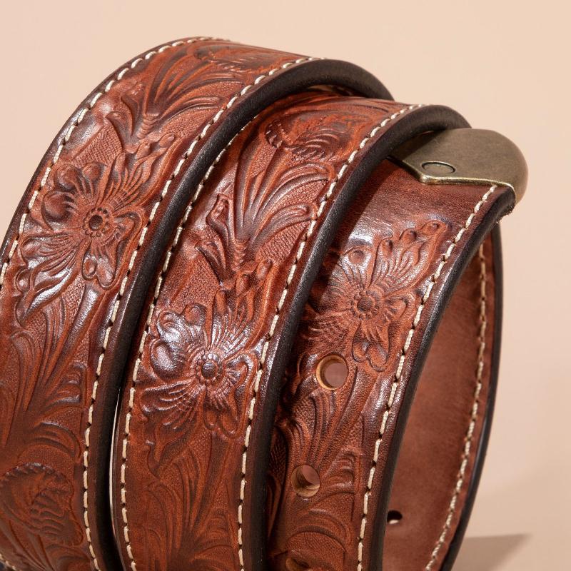 Retro Trend Embossed Belt Men's Genuine Leather Copper Buckle First Layer Cowhide Belt