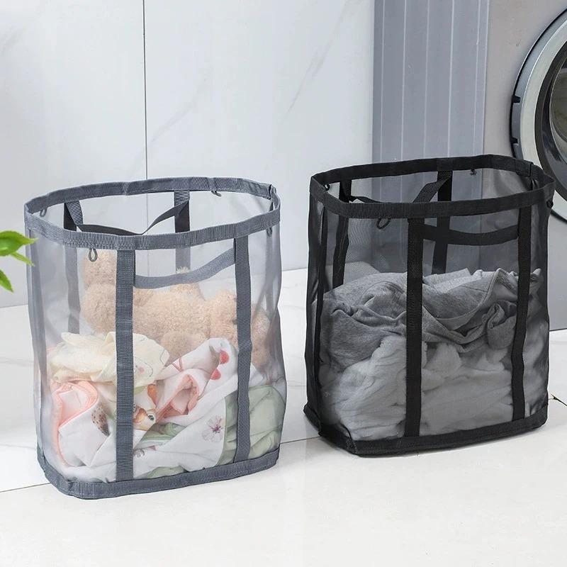 1pc Foldable Mesh Laundry Basket with Handle Breathable Folding Portable Dirty Clothes Organizer Bags Large Capacity Storage Bag