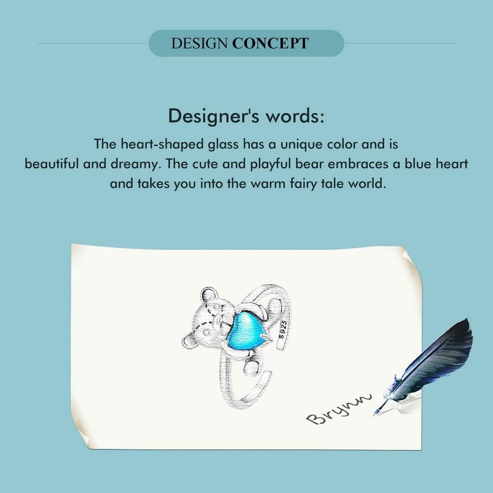 WOSTU 925 Sterling Silver Embracing Bear Opening Ring Blue Heart Crystal Statement Rings Original Jewelry Party Anniversary Gift