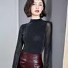 Women's High-neck Mesh Bottoming Shirt, Autumn and Winter, with Glitter Silk Long-sleeved Western Style Small Shirt, Bright Silk Top