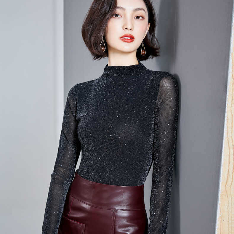 

Women s High-neck Mesh Bottoming Shirt, Autumn and Winter, with Glitter Silk Long-sleeved Western Style Small Shirt, Bright Silk Top 3XL чорний