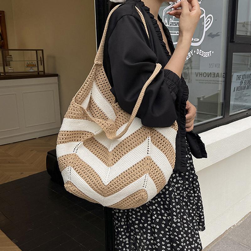 Women's Roomy Woven Net Backpack, Perfect for Summer Vacations, Casual Knitted Hollow-out Shoulder Bag KTB
