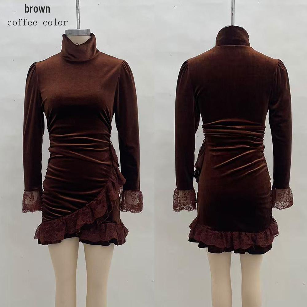High-End European & American Long Sleeve Pleated Patchwork Dress Large