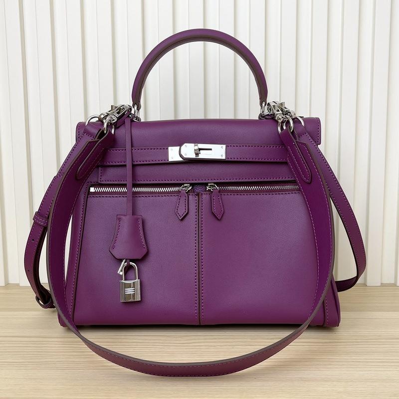 2025 New Leather Swift Leather Women's Bag Double Pocket Zipper Portable Shoulder Diagonal Span Fashion Buckle Women's Bag