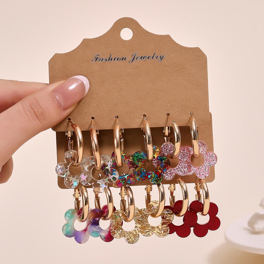 Spring Summer Elegant Earrings For Women Fashion Cute Colorful Five Petal Flower Pendant Earrings Set