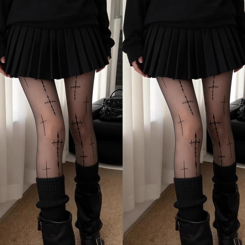 1-2pairs Punk Style Cross Dark Hollow Bottom Lolita Japanese Black Spicy Girl Slimming Pantyhose Black Stockings