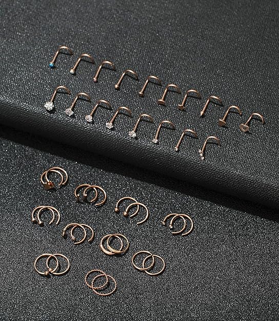 20G 38Pcs Stainless Steel Screw Shaped Nose Studs Nose Rings CZ Hoop Tragus Cartilage Nose Ring Labret Nose Piercing Jewelry