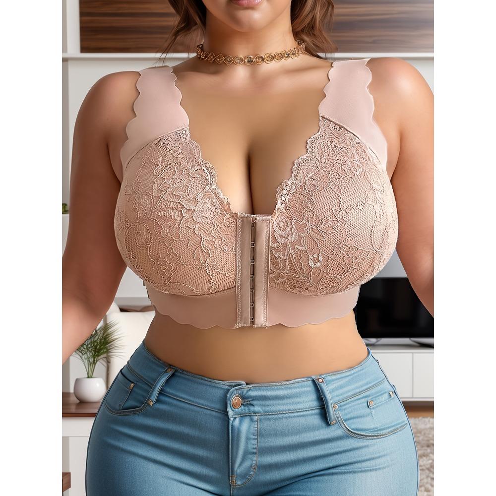 Plus Size Elegant Bra, Women's Contrast Lace Front Closure Scalloped Trim Bralette