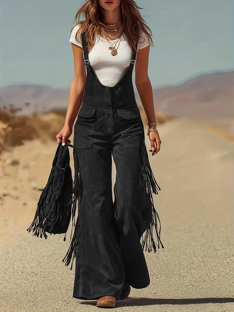 Women's Vintage Western Faux Suede Fringe Wide Leg Cargo Pants Work Pants Trousers