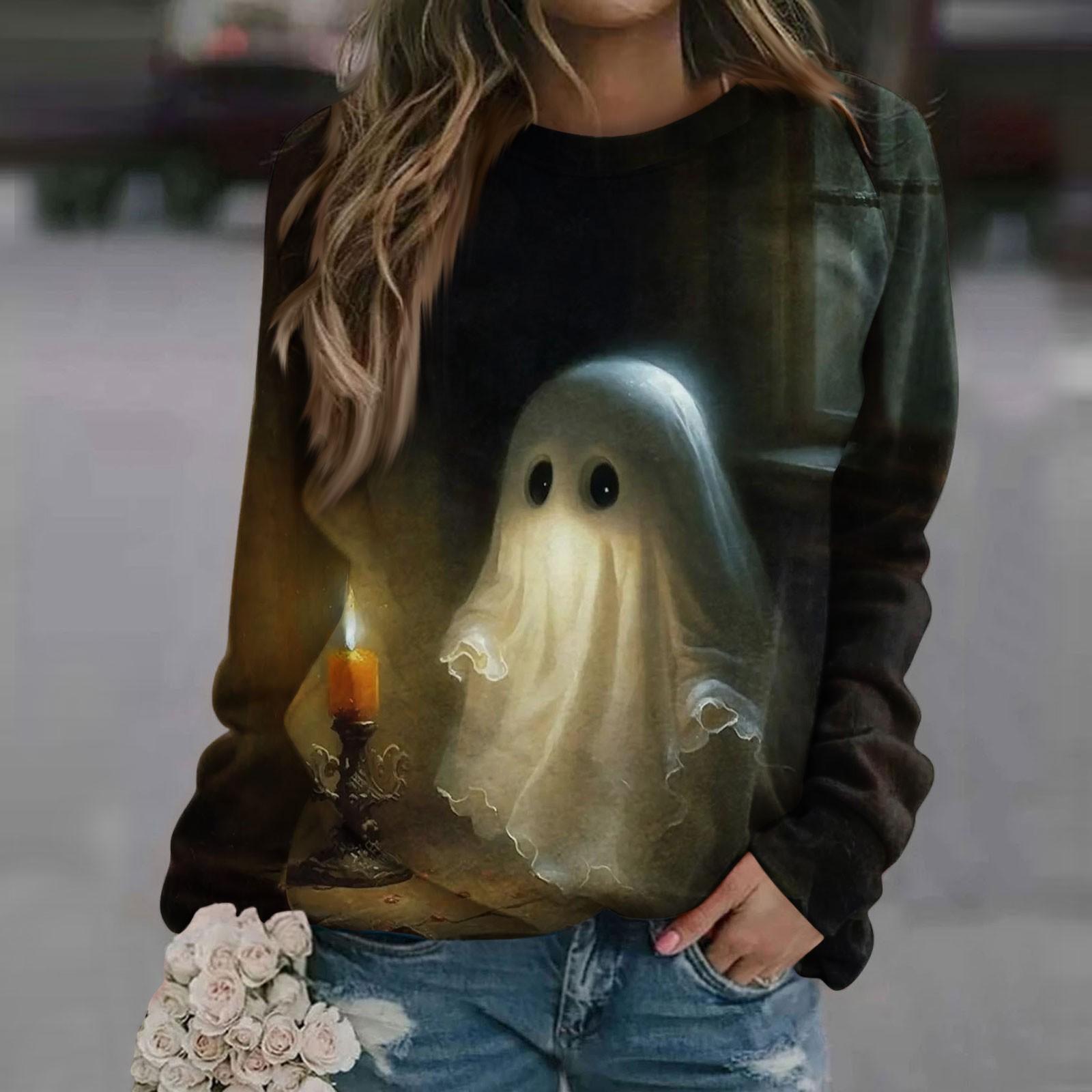 

Женская модная повседневная винтажная футболка с принтом Хэллоуина и круглым вырезом, декоративная футболка с длинными рукавами, топ XL