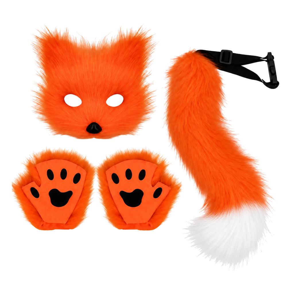 Furry Fox Cat Animal Costume Set 3 Pcs Mask Paw Gloves Tail Therian Fursuit Anime Cosplay Accessories Halloween for Women