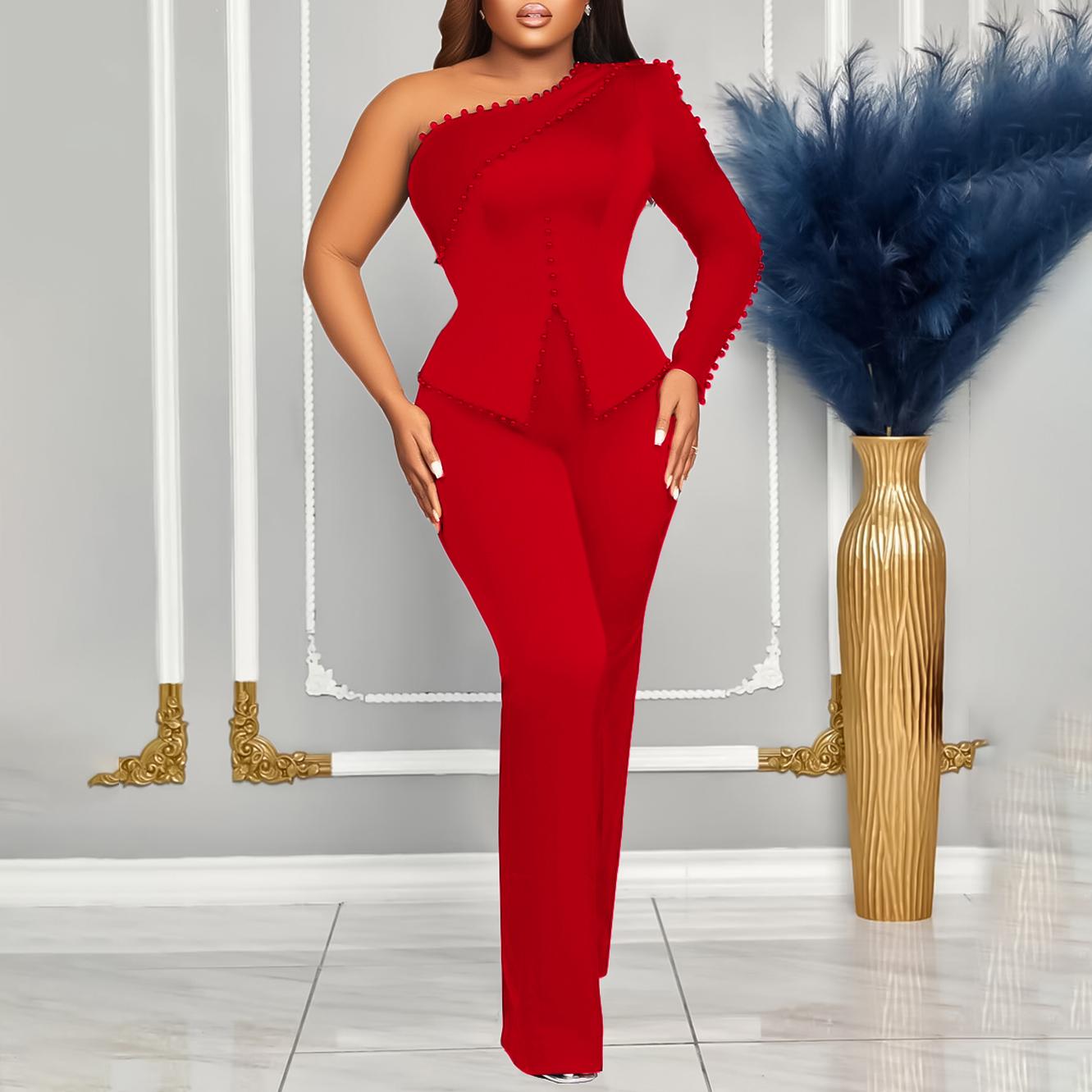 

Women 2 Pieces Sets Plus Size Xxxl One Shoulder Beaded Long Sleeve Shirt Outfits Casual Trousers Elegant Clothes Pant Sets XL червоний