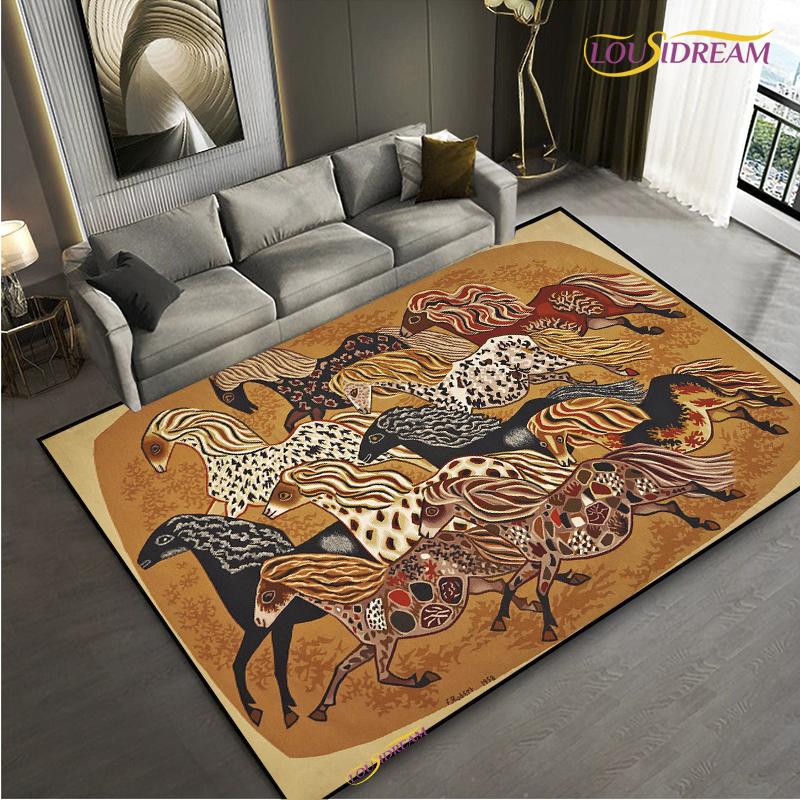 Fashion Ethnic Frame Carpet Horse Home Decor Rectangle Room Rug Black Green Orange Living Room Bedroom Bedside Floor Table Mat
