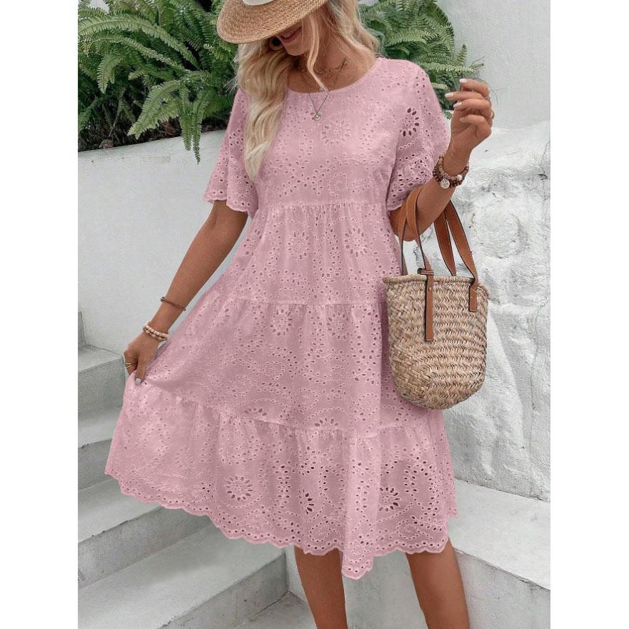 Women's Long Simple Casual Solid Hollow Out Pure Cotton Holiday Style High Waist Fashion Mid-Calf Summer Dresses