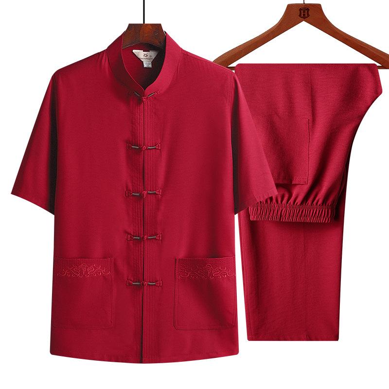 

Мужской летний костюм Тан в китайском стиле из хлопка и льна с короткими рукавами для пожилых людей 42/180 (150-170 lbs)