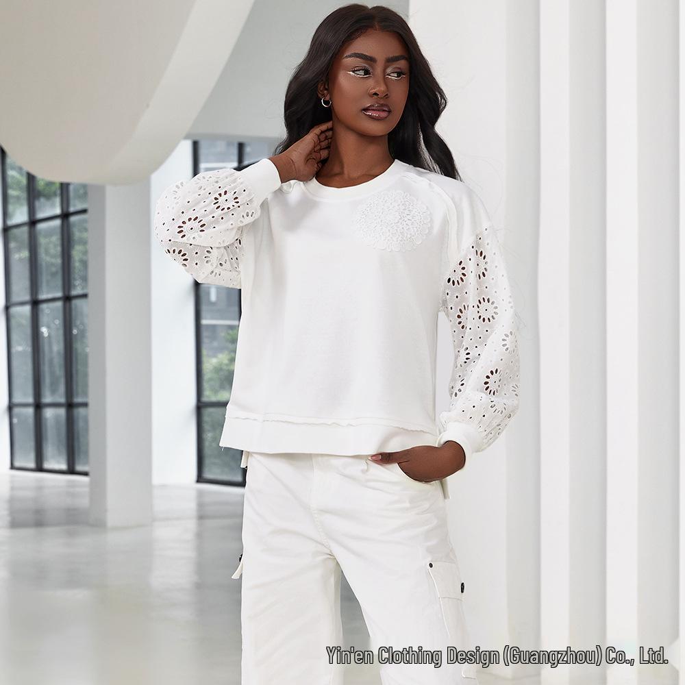 Solid Color Crochet Patchwork Long Sleeve Hoodie
