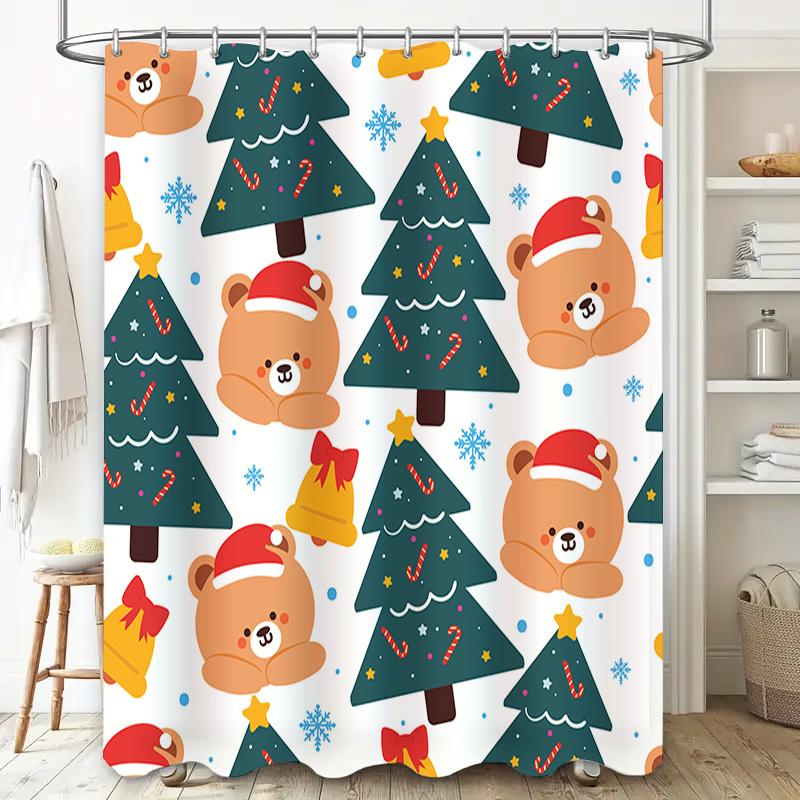 Teddy Bear Christmas Shower Curtain Decorative Fabric Print Waterproof Bath Mat Set For Kids Bathroom (Green)